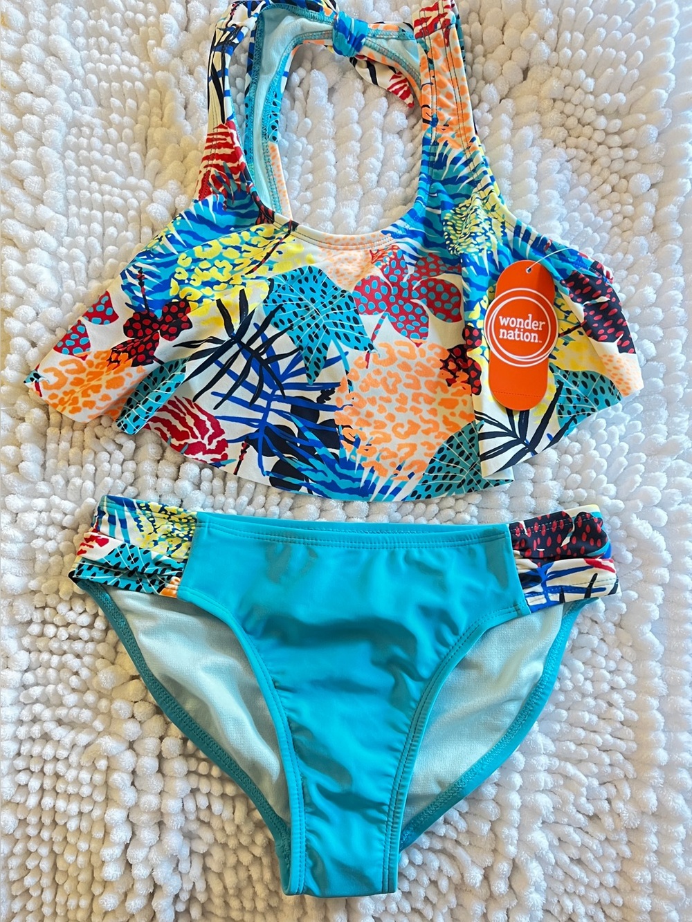 wonder nation Turquoise & Multicolor Ruffle Two-Piece Bikini Size Medium (7/8)